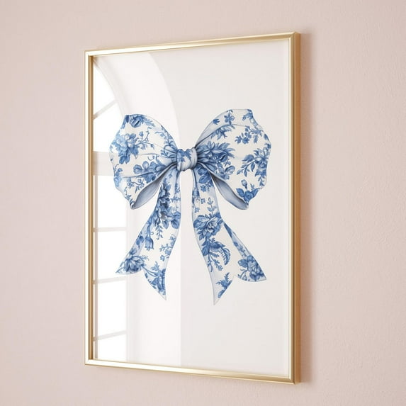 Poster Chinoiserie Wall Art Blue Bow Wall Art Navy Nursery Print Toile De Jouy Coquette Room Decor Baby Girl Room Trendy Kitchen Ribbon Printable - No Framed, Vintage Wall Art, Hot Trend!, 24x36