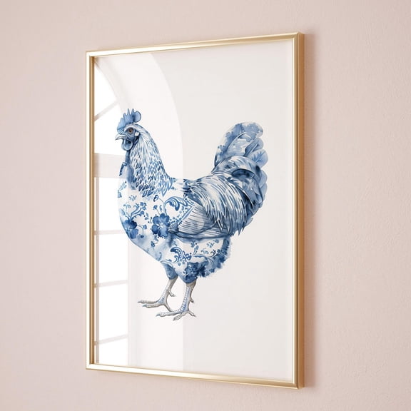 Poster Chinoiserie Wall Art Blue Chicken Artwork Crazy Chicken Lady Poster Floral Toile De Jouy Nursery Poster Cottagecore Trendy Kitchen Printable - No Framed, Vintage Wall Art, Hot Trend!, 8x12
