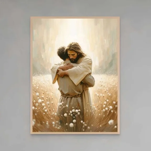 Poster Christ Loves Him, Modern Christian Art, Jesus Hugging Man, Jesus Wall Art, Ld, UNFRAMED PAPER POSTER