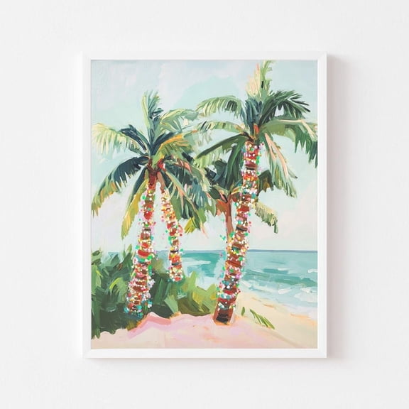 Kna Prints - Palm Trees Painting Coastal Holiday Wall Art Print Festive Beach House Colorful Winter Lights, UNFRAMED-12x18