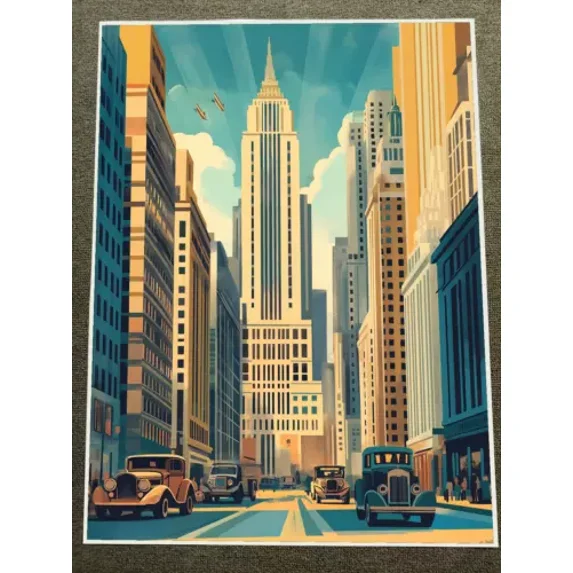 Poster Chrysler Building In Art Deco Style With Sunset Sky Poster, UNFRAMED PAPER POSTER