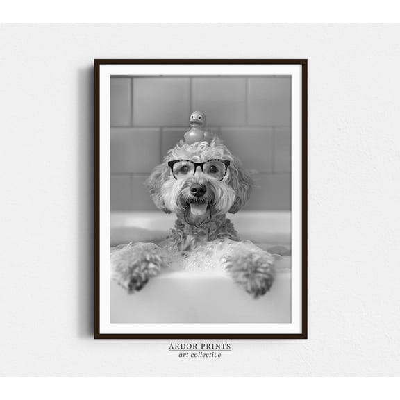Poster Cockapoo Bath Wall Art Dog And Rubber Duck Bath Tub Black And White Print Dog Owner Gift Fny Dog Bathroom Wall Decor