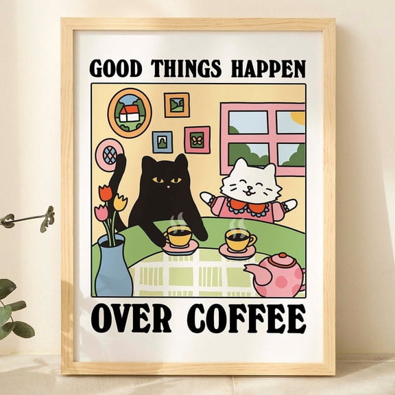 Poster Coffee Cafe Cat Print, Retro Drink Poster, Bistro Coffee Cake Posters, Good Things Happen Over Coffee, Kitchen Decor, Posters, Unframed - No Framed, Vintage Wall Art, Hot Trend!, 24x36