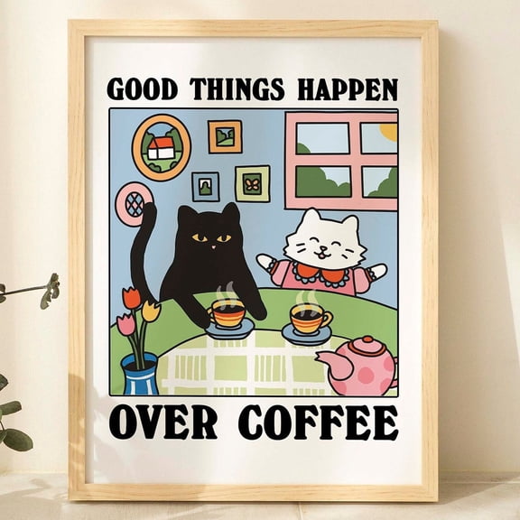 Poster Coffee Cafe Cat Print, Retro Drink Poster, Bistro Coffee Cake Posters, Good Things Happen Over Coffee, Kitchen Decor, Posters, Unframed - No Framed, Vintage Wall Art, Hot Trend!, 8x12