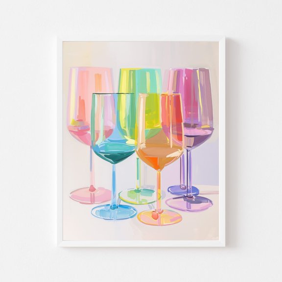 Kna Prints - Colorful Wine Glasses Painting Bar Cart Art Print Cocktail Glass Rainbow Kitchen Pastel Glassware Poster, UNFRAMED-8x12