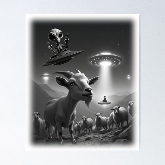 Poster Cool Alien With Goat Ufo Animal Selfie: A Fun And Hilarious Pattern Featuring Animals Taking Selfies With Aliens During An Unexpected Encounter. - No Framed, Room Decor, 8x12