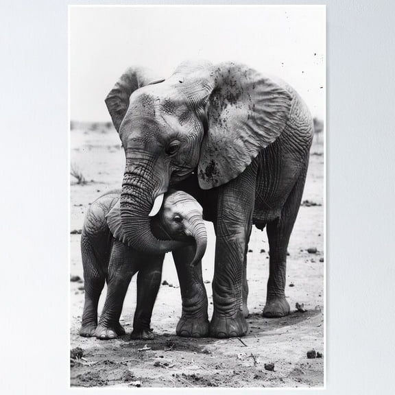 Poster Cute Mom & Baby Elephant, Vintage Animal Photo - No Framed, Vintage Wall Art, Trendy Retro Print, Positive Quote Poster, Room Decor, Wall Art, 8x12