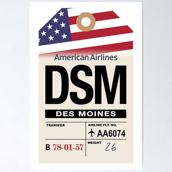Poster Des Moines (Dsm) Iowa Airline Luggage Tag - No Framed, Vintage Wall Art, Trendy Retro Print, Positive Quote Poster, Room Decor, Wall Art, 12x18