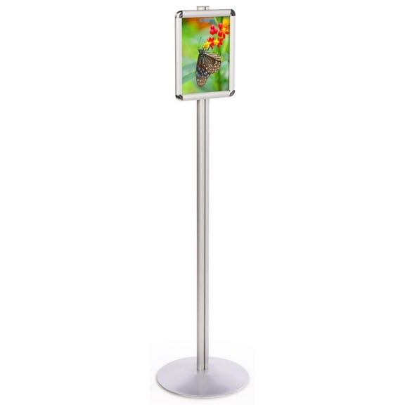Poster Display 14w x 54h x 14d Satin Silver Aluminum Sign Stand Freestanding Picture Holder Accommodates 8-1/2 x 11 Prints with Snap Frames (QCRND8511A)
