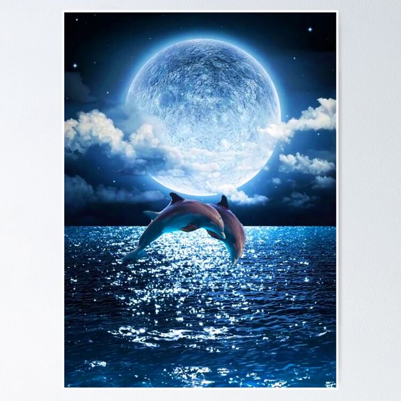 Poster Dolphins Jumping Animal Full Moon - No Framed, Vintage Wall Art, Trendy Retro Print, Positive Quote Poster, Room Decor, Wall Art, 8x12