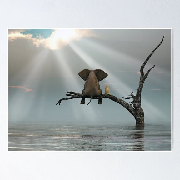 Poster Elephant And A Dog Are Sitting On A Tree - No Framed, Vintage Wall Art, Trendy Retro Print, Positive Quote Poster, Room Decor, Wall Art, 8x12
