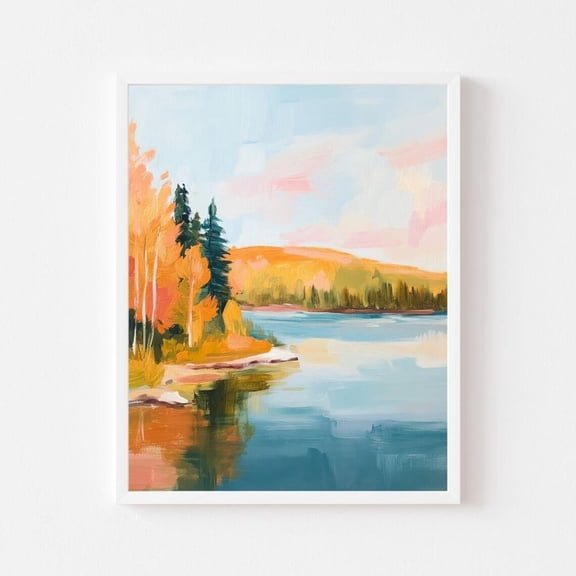 Kna Prints - Fall Lake Landscape Painting Colorful Autumn Trees Wall Art Print Pastel National Park Pink Forest River, UNFRAMED-12x18