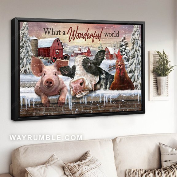 Poster Farm animals, Snowy farm, Red barn poster, What a wonderful world - Jesus Poster Prints, Home Decor Wall Art WINXIE DECOR - 8X12, UNFRAMED