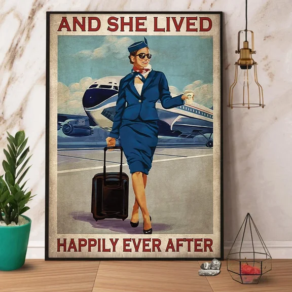 Poster Flight Attendant And She Lived Happily Ever After Paper No Frame Matte... Wall Art, Unframed Prints For Home Or Office, Perfect Gift For Everyone, 8x12