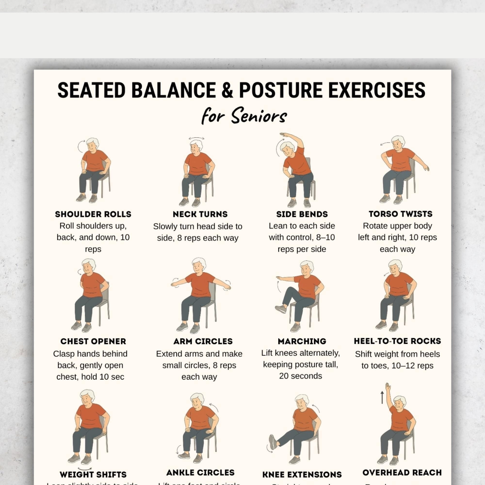 Poster For Elderly Sitting Balance And Posture Practice Chair Exercise ...