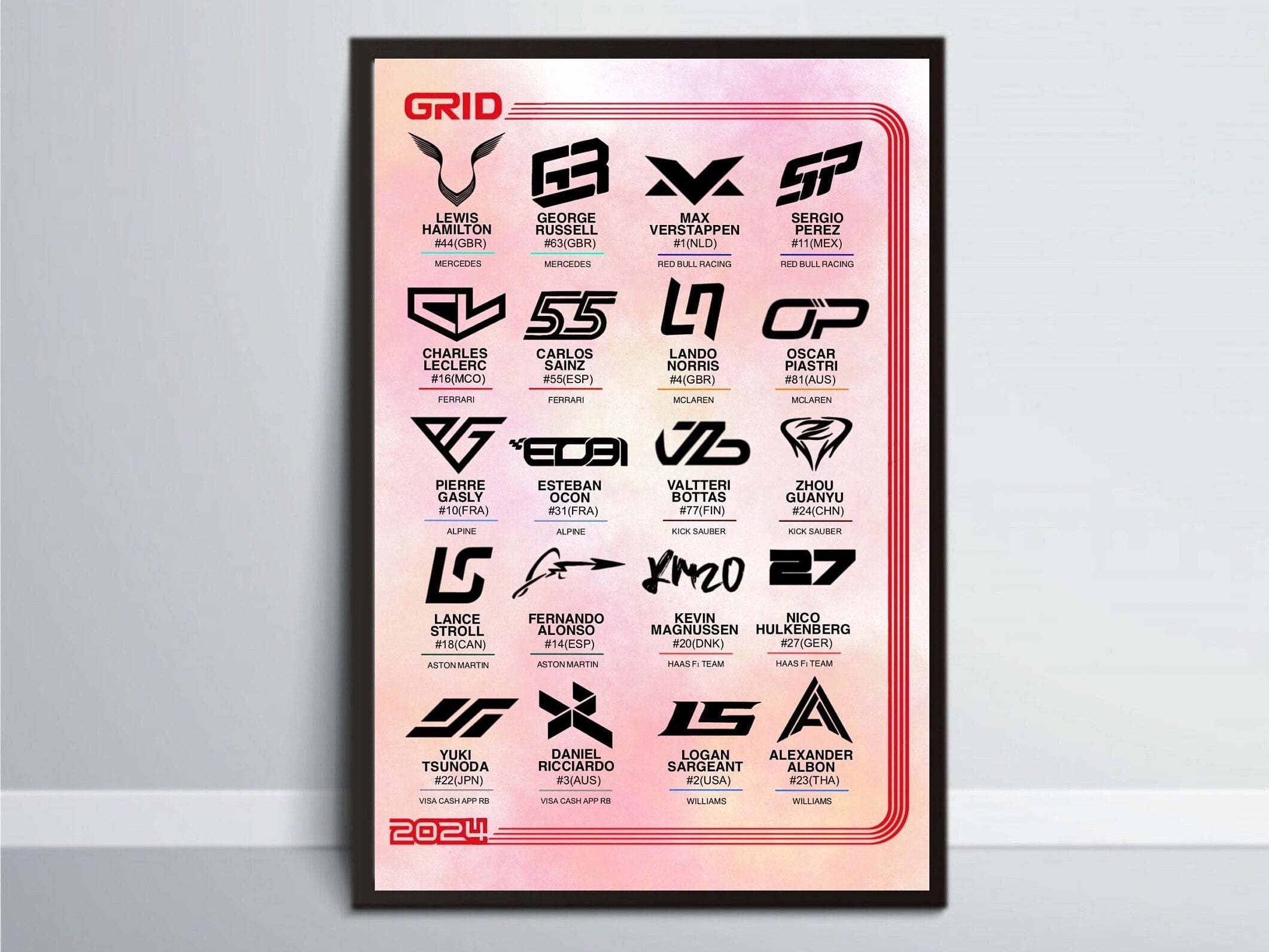 Poster Formula 1 grid 2024 Poster one lewis hamilton racing driver lando norris sainz charles