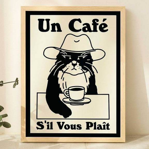Poster French Cafe Cat Print, Retro Drink Poster, Cowboy Cat Coffee Posters, Un Cafe Sil Vous Plait, Kitchen Decor, Coffee Lover Poster, Unframed - No Framed, Vintage Wall Art, Hot Trend!, 8x12
