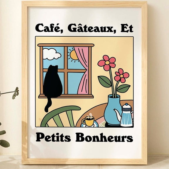 Poster French Cafe Chat Noir Print, Retro Cat Poster, Bistro Coffee Posters, Le Chat, Le Gateaux Quote, Kitchen Decor, Colorful Posters, Unframed - No Framed, Vintage Wall Art, Hot Trend!, 8x12