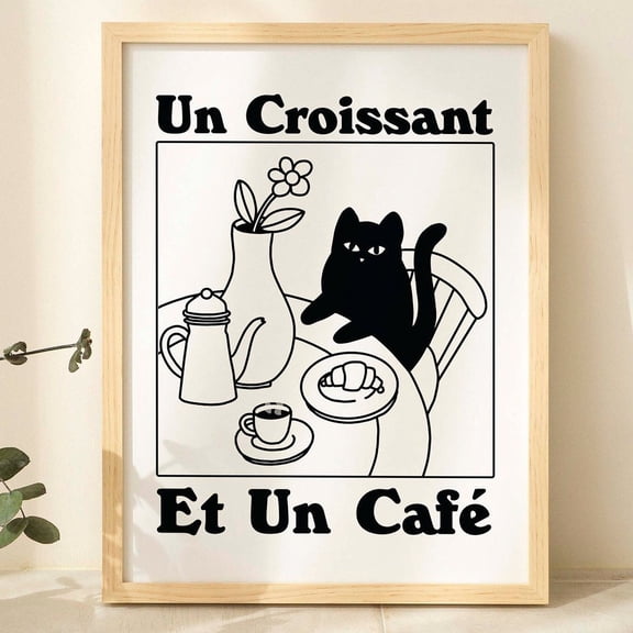 Poster French Cafe Croissant Cat Print, Retro Drink Poster, Bistro Coffee Posters, Un Cafe Sil Vous Plait, Kitchen Decor, Unique Posters, Unframed - No Framed, Vintage Wall Art, Hot Trend!, 8x12