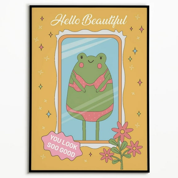 Poster Frog Self Love Wall Poster, Hello Beautiful Quote, Pink Retro Print, Posters, Bathroom Prints, Dorm Room Decor, Girly Wall Art - No Framed, Vintage Wall Art, Hot Trend!, 12x18
