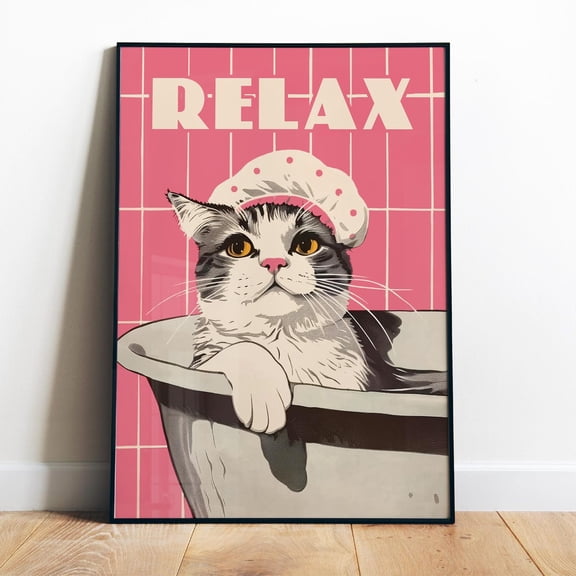 Poster Funny Cat Print Bathroom Wall Art Printable Animal In Bathtub Art Shower Room Poster Girly Apartment Decor Cute Cat Pink Bathroom Art Relax - No Framed, Vintage Wall Art, Hot Trend!, 8x12