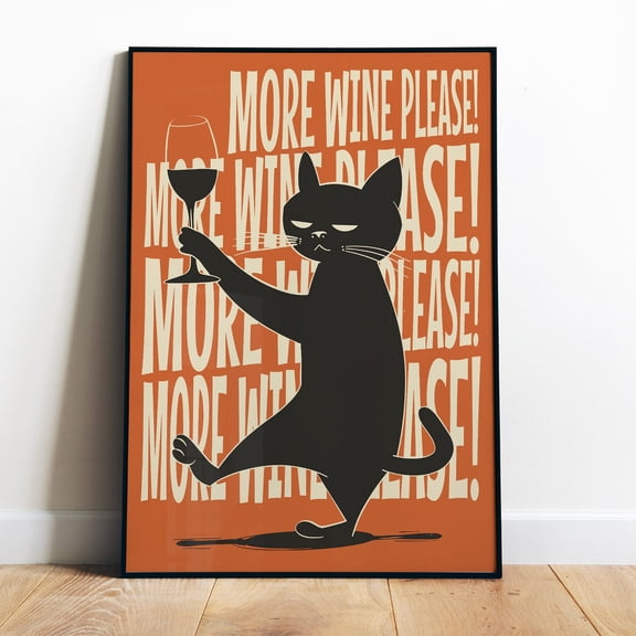 Poster Funny Kitchen Poster Printable Retro Cat Art More Wine Please Print Grumpy Cat Digital Print Black Cat Print Funny Cat Doing Things Poster - No Framed, Vintage Wall Art, Hot Trend!, 8x12