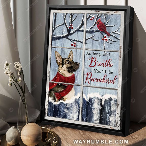 Poster German Shepherd, Cardinal and cranberry tree, Winter garden, I'll be remembered - Heaven Portrait Poster Prints, Wall Art WINXIE DECOR - 8X12, UNFRAMED
