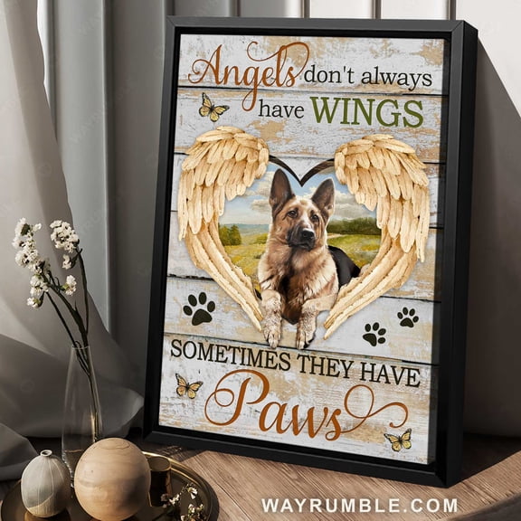 Poster German Shepherd, Golden angel wings, Heart, Angels don't always have wings - Dog Portrait Poster Prints, Wall Art WINXIE DECOR - 8X12, UNFRAMED