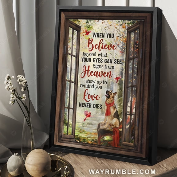 Poster German shepherd poster, Red cardinal, Spring forest, Love never dies - German shepherd Portrait Poster Prints, Wall Art WINXIE DECOR - 24X36, UNFRAMED