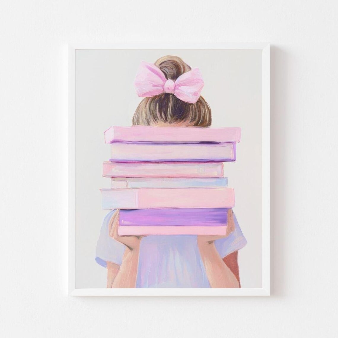 Kna Prints - Girl Holding Pink Book Stack Painting Purple Reading Nook ...