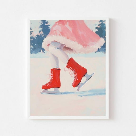 Kna Prints - Girl Ice Skating Painting Pink Wall Art Print Red Skates Frozen Pond Girly Festive Holiday, UNFRAMED-12x18