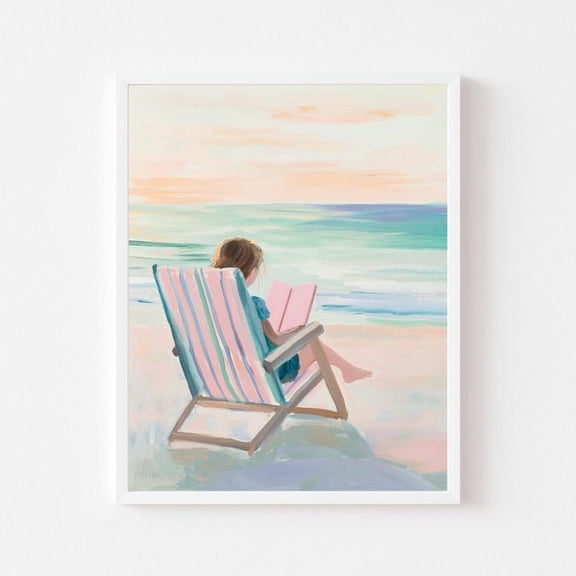 Kna Prints - Girl Reading On The Beach Painting Summer Read Wall Art Print Coastal Beach House Pastel Book Lover Gift For Home Decor UNFRAMED-12x18