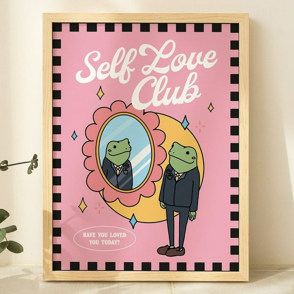 Poster Girly Frog Self Care Wall Print, Positivity Self Love Club, Pink Retro Illustration, Trendy Y2K Poster Prints, Dorm Room Decor Unframed - No Framed, Vintage Wall Art, Hot Trend!, 24x36