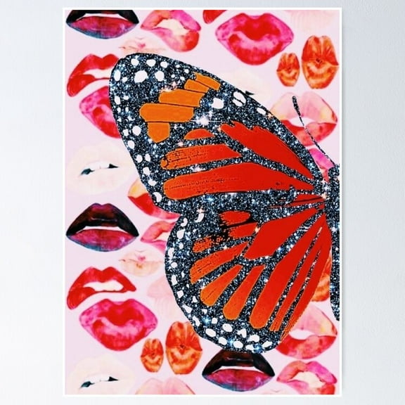 Poster Glitter Butterfly/Lips Collage - No Framed, Vintage Wall Art, Trendy Retro Print, Positive Quote Poster, Room Decor, Wall Art, 8x12