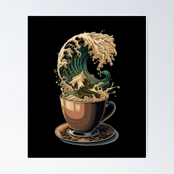 Poster The Great Wave Of Caffeine Classic Japanese Wave Inside Coffee Cup - No Framed, Vintage Wall Art, Trendy Retro Print, Positive Quote Poster, Room Decor, Wall Art, 8x12