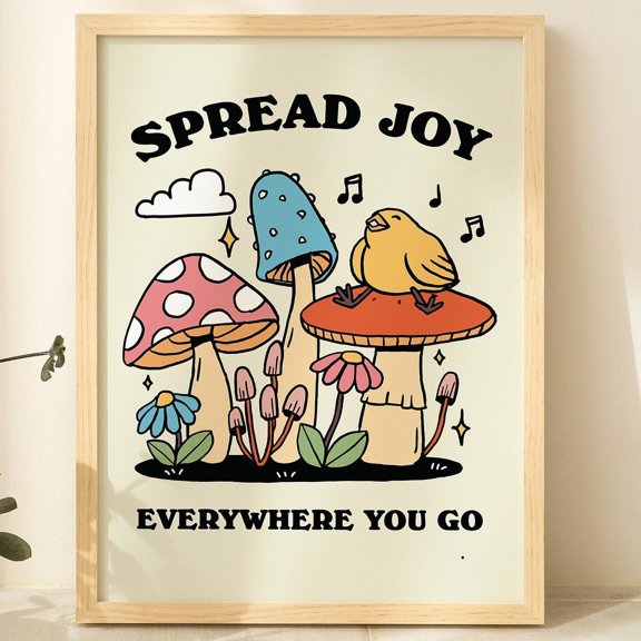 Poster Groovy Mushroom Print Retro Cottagecore Wall Arthappy Kids Room Poster Trendy 70S Nursery Print Wall Decor Positive Quote Vintage Wall Arthot Trend! , Poster Print Only