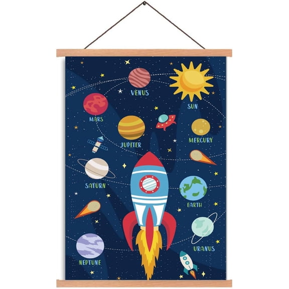 Poster Hanger Cartoon Rocket Planet Wooden Poster Hangers Poster with Hanger Canvas Wall Art for Walls Pictures Prints Maps Scrolls and Canvas Artwork 17.3x11in for DIY