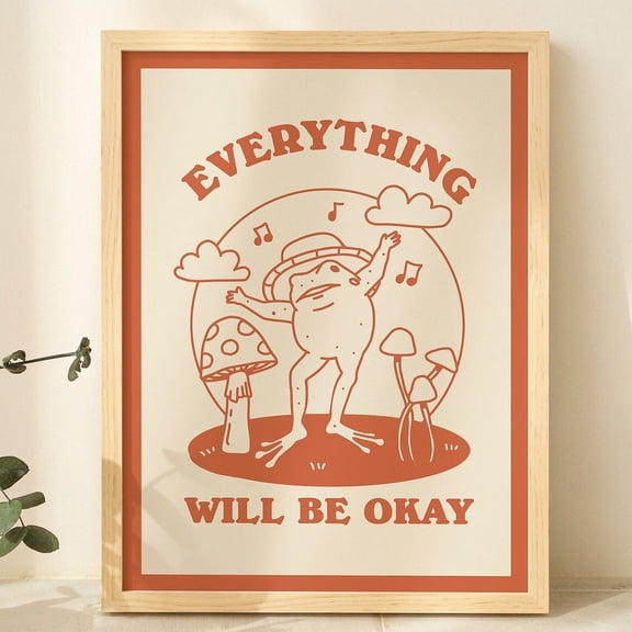 Poster Happy Frog Print, Everything Will Be Okay Self Care Prints, Positive Quote Poster, Burnt Orange Wall Decor, Retro Wall Prints, Unframed - No Framed, Vintage Wall Art, Hot Trend!, 8x12