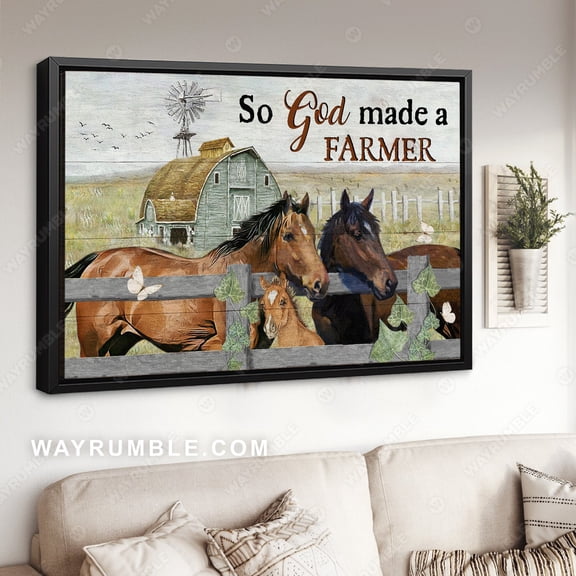 Poster Horse family, Meadow land, Vintage house, So God made a farmer - Jesus Poster Prints, Christian Wall Art WINXIE DECOR - 8X12, UNFRAMED