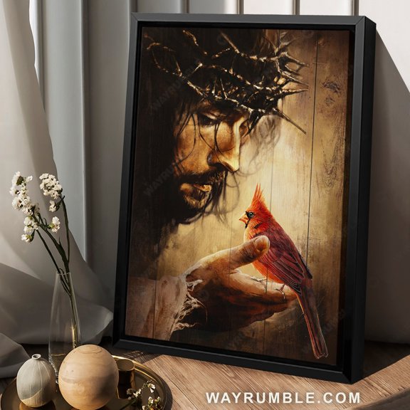Poster Jesus hand, Red cardinals, Thorn crown- Jesus Portrait Poster Prints, Christian Wall Art WINXIE DECOR - 8X12, UNFRAMED