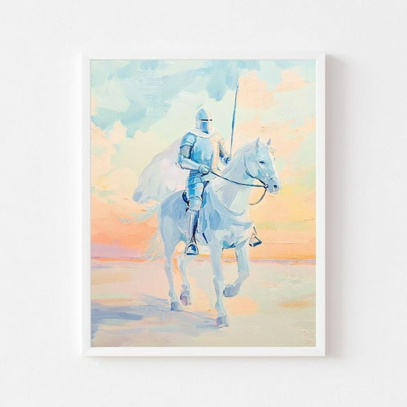 Kna Prints - Knight In Shining Armor Painting Pastel Boy'S Room Wall Art Print Prince Riding Horse Fantasy Fairy Tale Wall Art Decor For Home Office, UNFRAMED-24x36