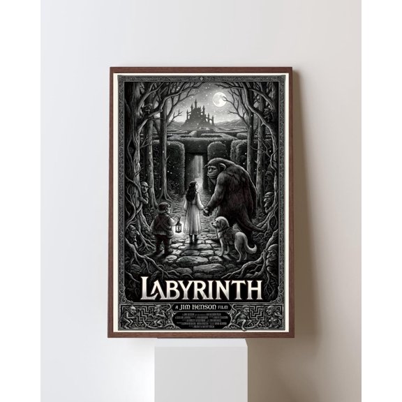 Poster Labyrinth Movie Poster, Jim Henson Fantasy Art, Woodcut Style Print, Dark Fantasy Wall Decor, Sarah And Ludo Engraving 16X24, UNFRAMED