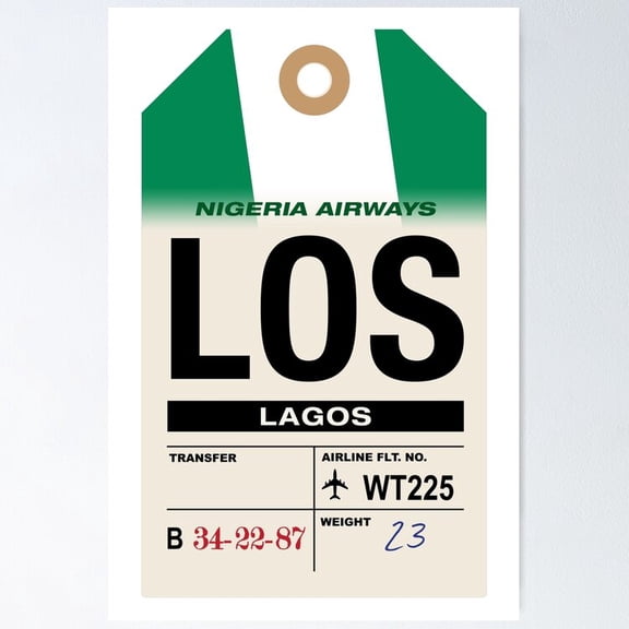 Poster Lagos (Los) Nigeria Airline Luggage Tag - No Framed, Vintage Wall Art, Trendy Retro Print, Positive Quote Poster, Room Decor, Wall Art, 12x18