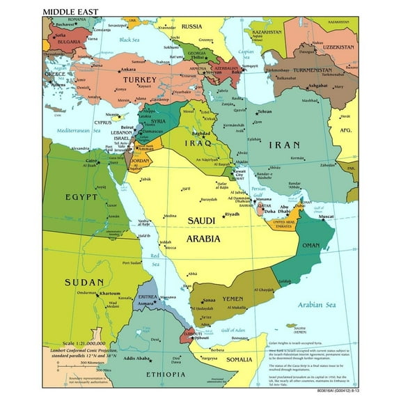 Poster: Large Scale Political map of The Middle East with Major Cities - Middle East Asia