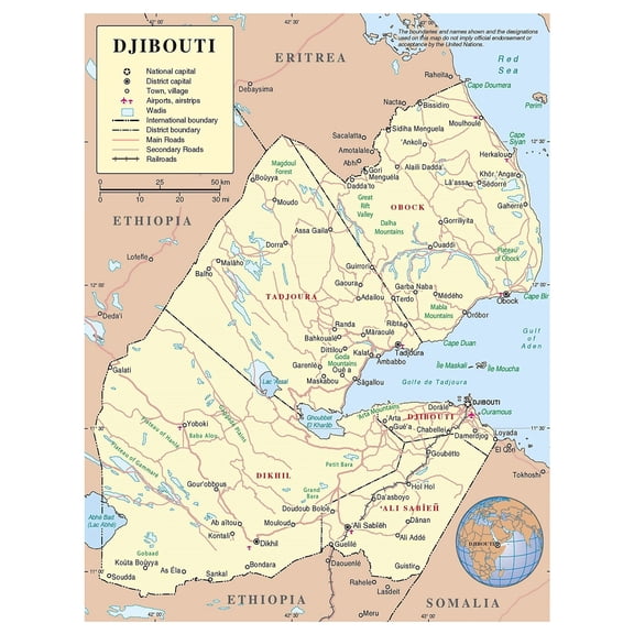Poster: Large detailed political and administrative map of djibouti with roads railroads cities and airports poster