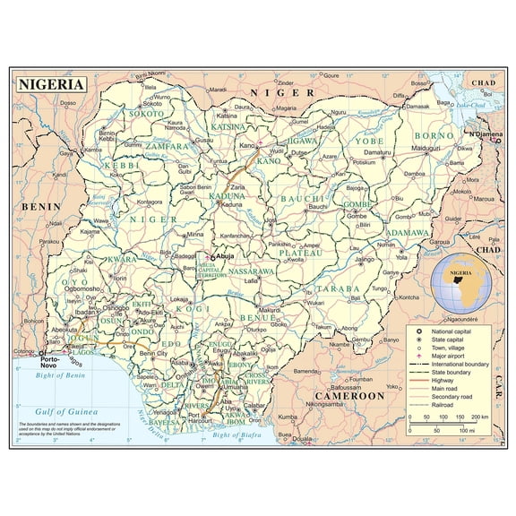 Poster: Large detailed political and administrative map of nigeria with roads railroads cities and airports