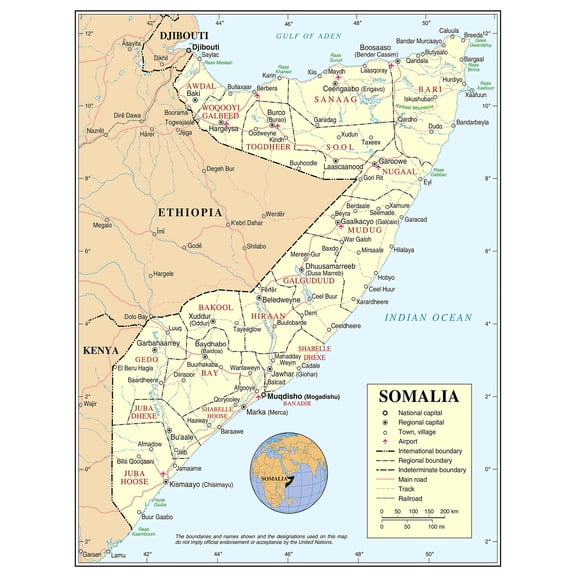 Poster: Large detailed political and administrative map of somalia with roads railroads cities and airports poster