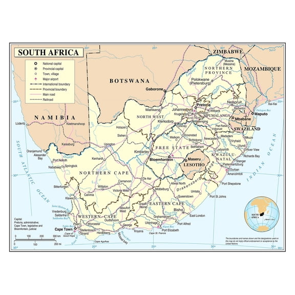 Poster: Large detailed political and administrative map of south africa with roads railroads cities and airports