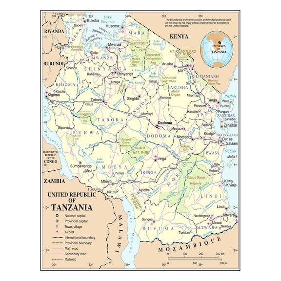 Poster: Large detailed political and administrative map of tanzania with roads railroads cities national parks and airports