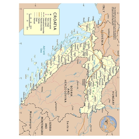 Poster: Large detailed political map of croatia with roads cities and airports